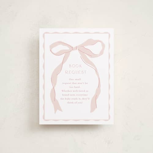 This is a blush baby shower insert cards with standard by Baumbirdy called framed bow printing on signature in standard