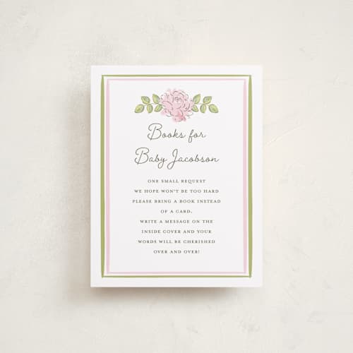 This is a rose baby shower insert cards with standard by Holton Art and Design called garden rose doily printing on signature in standard
