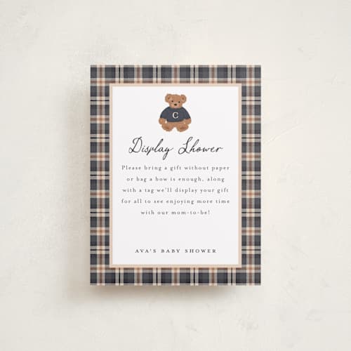 This is a navy baby shower insert cards with standard by Erin German called teddy bear monogram printing on signature in standard