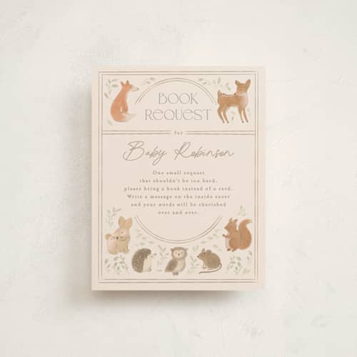 This is a ecru baby shower insert cards with standard by Creo Study called woodland storybook printing on signature in standard
