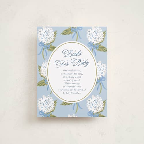 This is a blue bell baby shower insert cards with standard by Jackie Crawford called hydrangea bow bouquets printing on signature in standard