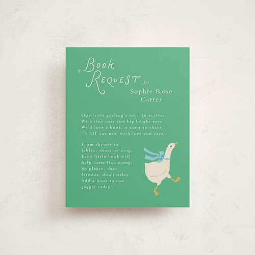 This is a sage baby shower insert cards with standard by Lori Wemple called goose printing on signature in standard