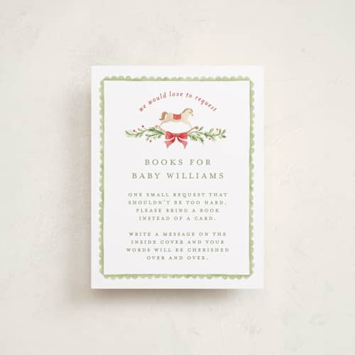 This is a holly baby shower insert cards with standard by Sarah Knight called a very merry baby shower printing on signature in standard