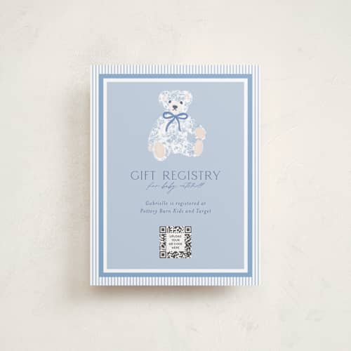 This is a powder baby shower insert cards with standard by Jenna Holcomb called rocking horse baby printing on signature in standard