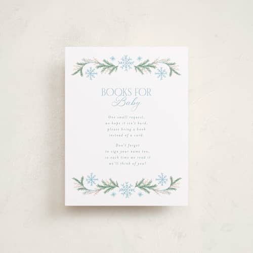 This is a frosted baby shower insert cards with standard by Laura Hankins called winter frame printing on signature in standard