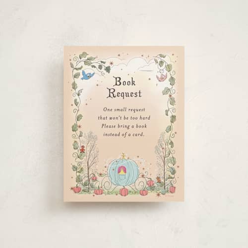 This is a peach baby shower insert cards with standard by Becky Nimoy called disney's cinderella pumpkin patch printing on signature in standard