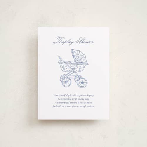 This is a navy baby shower insert cards with standard by Huefete called baby pram printing on signature in standard