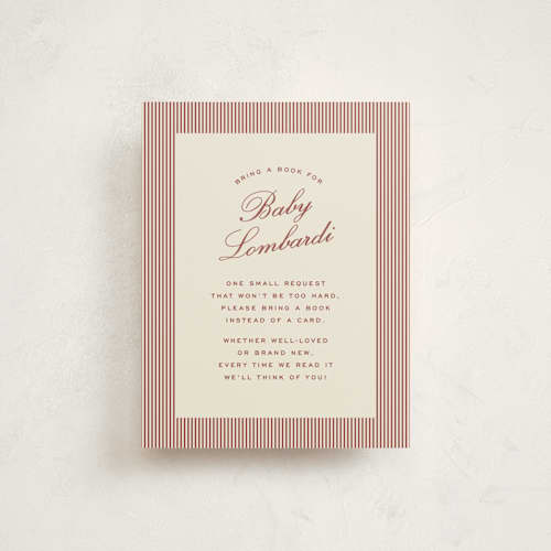 This is a burgundy baby shower insert cards with standard by Ellen Schlegelmilch called ciao, baby! printing on signature in standard