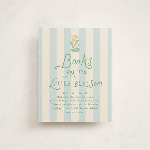 This is a sky baby shower insert cards with standard by Creo Study called vintage blossom printing on signature in standard