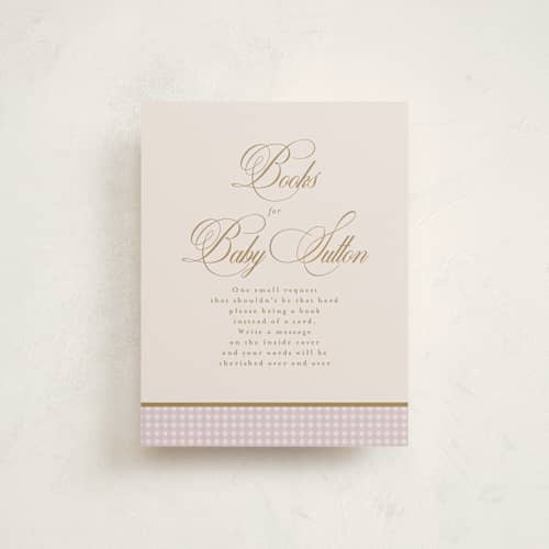This is a lilac baby shower insert cards with standard by Tamara Hilje called eleganza printing on signature in standard