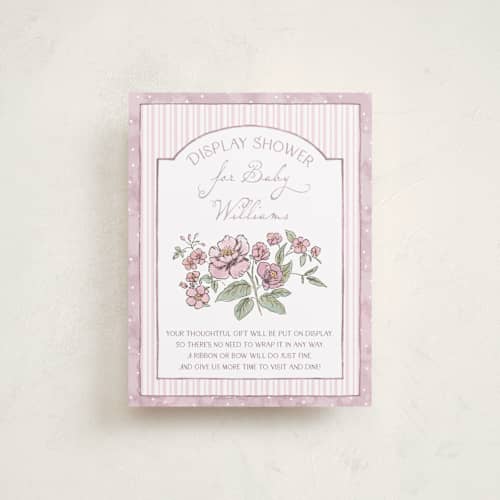 This is a heather baby shower insert cards with standard by Jenna Holcomb called baby in bloom. printing on signature in standard