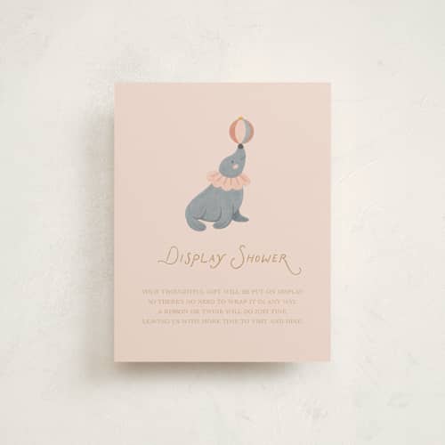 This is a mustard baby shower insert cards with standard by Rina Ozum called little circus printing on signature in standard