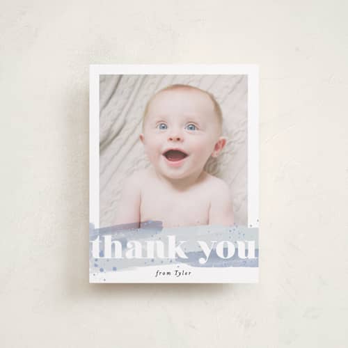 This is a aqua baby thank you cards with standard by Alethea and Ruth called painted splash name printing on signature in standard