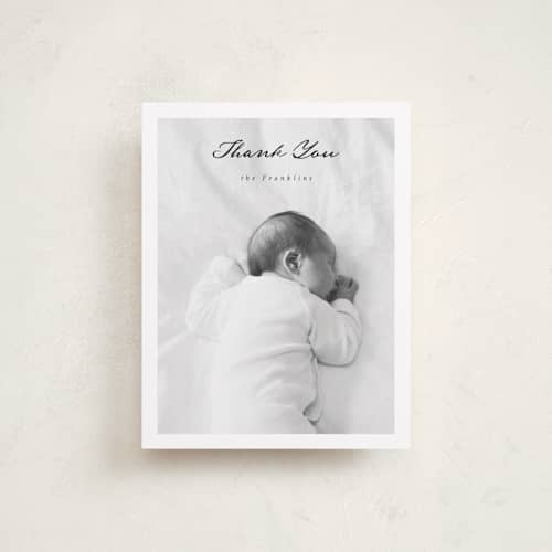 This is a noir baby thank you cards with standard by Emily Sabol Goss called simplicity printing on signature in standard