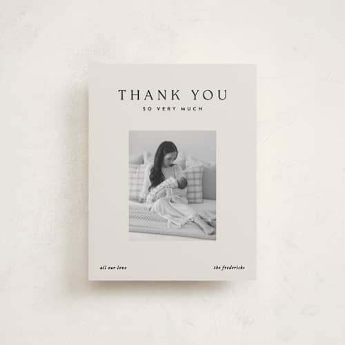 This is a noir baby thank you cards with standard by Jackie Crawford called simone printing on signature in standard