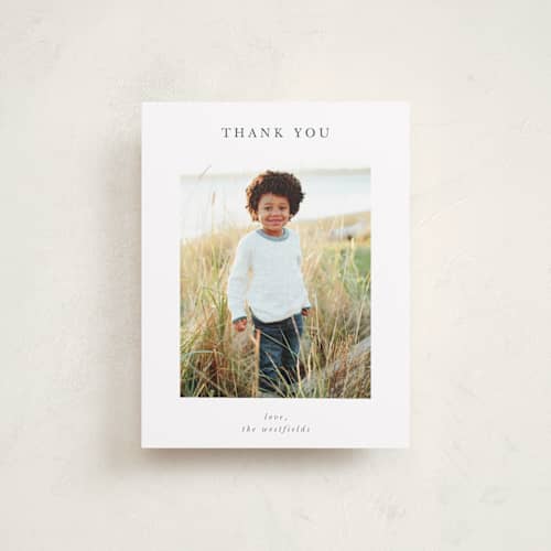 This is a charcoal baby thank you cards with standard by Lisa Assenmacher called with full hearts printing on signature in standard