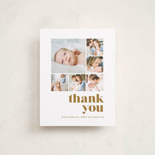 This is a golden baby thank you cards with standard by Ana Sharpe called bold arrival printing on signature in standard