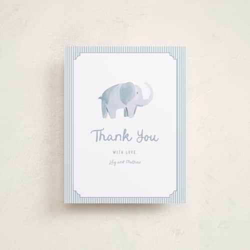 This is a sky baby thank you cards with standard by Teju Reval called sweet elephant printing on signature in standard