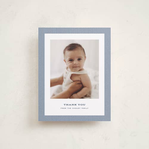 This is a denim baby thank you cards with standard by Lea Delaveris called hickory stripe printing on signature in standard