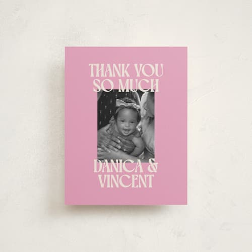 This is a bubblegum baby thank you cards with standard by Ekko Studio called type stack printing on signature in standard