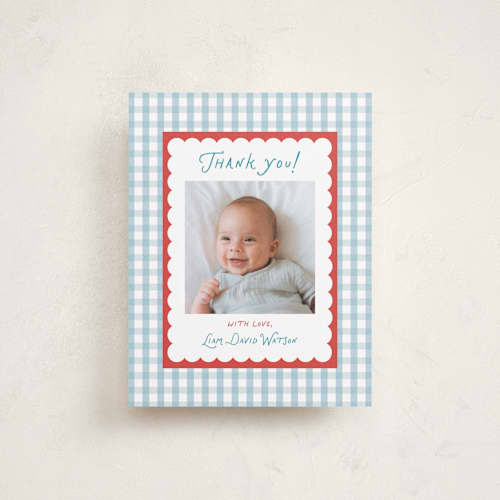 This is a picnic baby thank you cards with standard by Christy Hy Lee called playful pattern printing on signature in standard