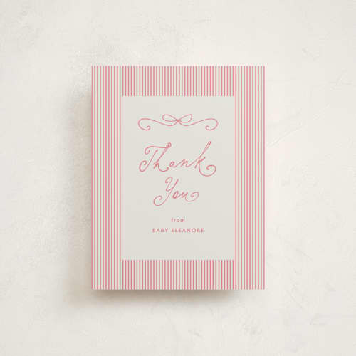 This is a flamingo baby thank you cards with standard by Jackie Crawford called tiny bow script printing on signature in standard
