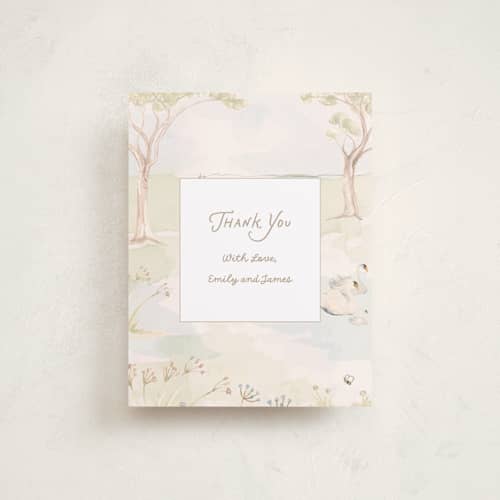 This is a sage baby thank you cards with standard by Teju Reval called dreamy lake printing on signature in standard