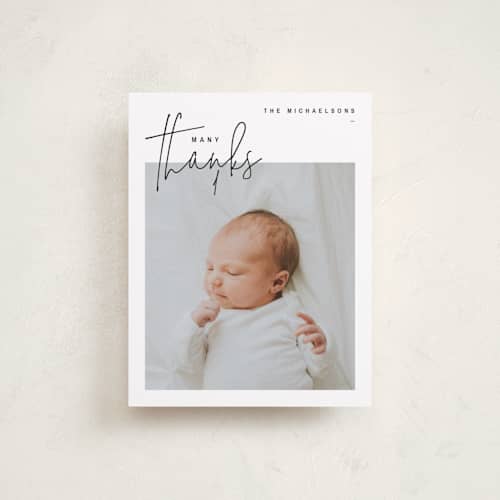 This is a onyx baby thank you cards with standard by Lindsay Stetson Thompson called overjoyed script printing on signature in standard