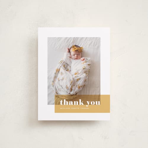 This is a marigold baby thank you cards with standard by Maria Hilas-Louie called magazine block printing on strathmore in standard