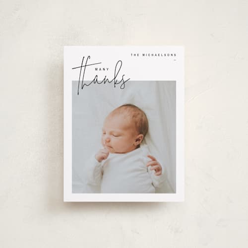 This is a onyx baby thank you cards with standard by Lindsay Stetson Thompson called overjoyed script printing on strathmore in standard