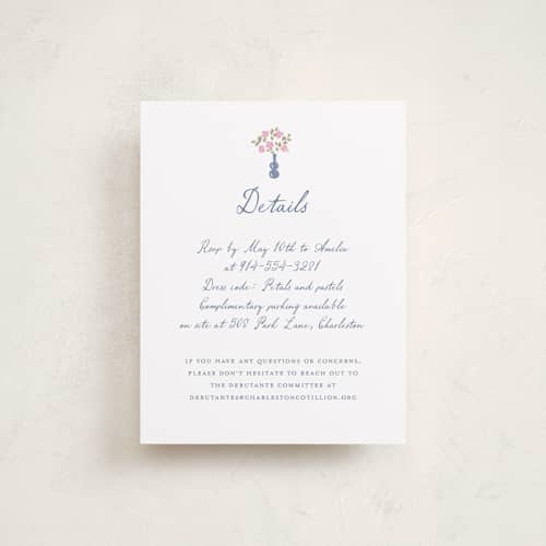This is a petal reception cards with standard by Leia Matt called tea party charm printing on signature in standard