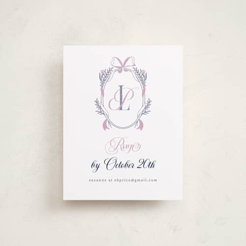 This is a lavender reception cards with standard by letterfix called monogram crest printing on signature in standard