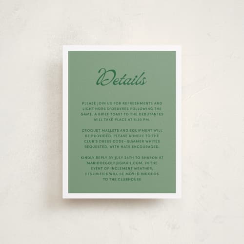 This is a green lawn reception cards with standard by Inkblot Design called argyle printing on signature in standard