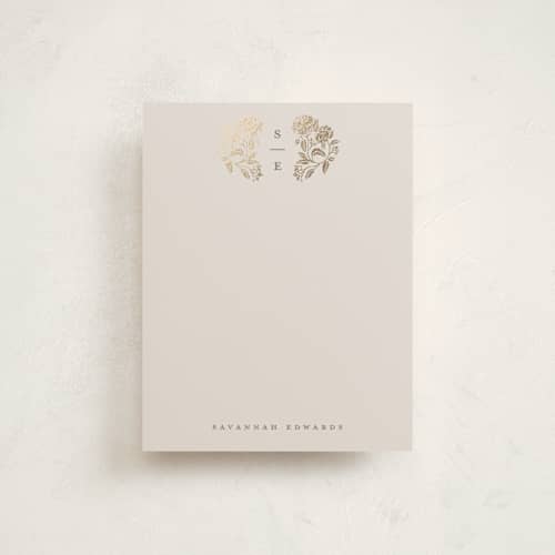 This is a tea time foil stamped stationery with foil pressed by Susan Zinader called shimmering hydrangeas monogram printing on signature in 4.25x5.5