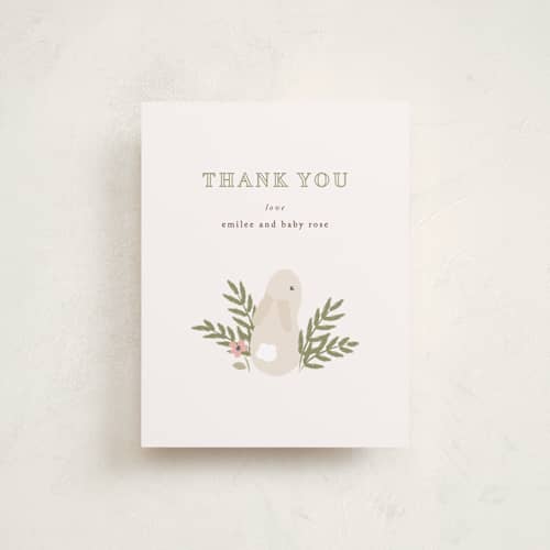 This is a cream wedding thank you cards with standard by Angela Garrick called petit lapin printing on signature in standard
