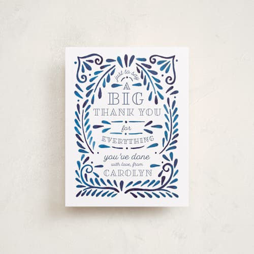 This is a cornflower wedding thank you cards with standard by Katharine Watson called painted ornate frame printing on signature in standard