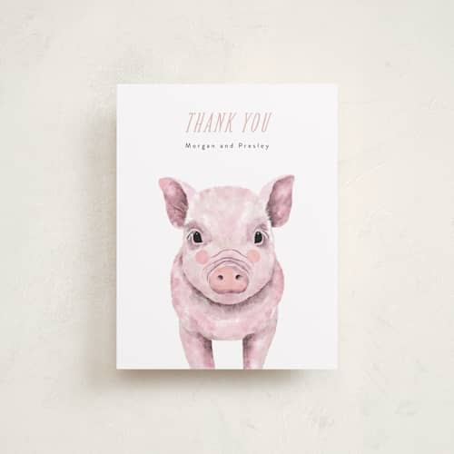 This is a blush wedding thank you cards with standard by Cass Loh called baby animal pig printing on signature in standard