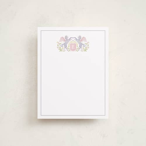 This is a blush kids thank you cards notes with standard by Masha Zimovich called unicorn crest printing on signature in standard
