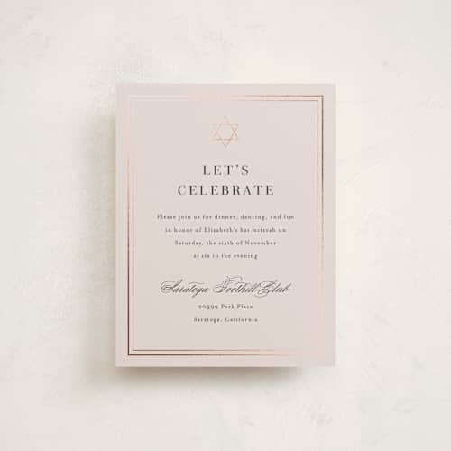 This is a barely blush bar mitzvah bat mitzvah invitations with foil pressed by Jennifer Postorino called polished printing on signature in standard