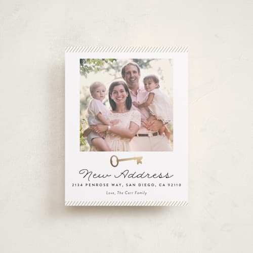 This is a gold moving announcements with foil pressed by Erica Krystek called turn-key printing on signature in standard