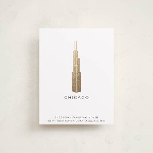 This is a gold moving announcements with foil pressed by Erin Deegan called landmark chicago printing on signature in standard