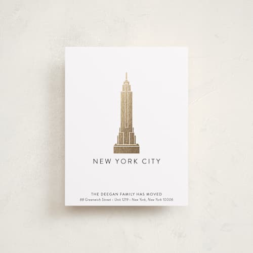 This is a gold moving announcements with foil pressed by Erin Deegan called landmark new york city printing on signature in standard