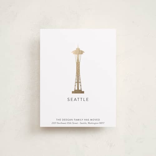 This is a gold moving announcements with foil pressed by Erin Deegan called landmark seattle printing on signature in standard