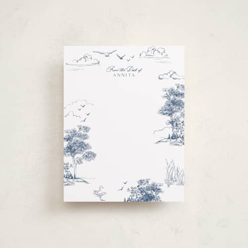 This is a lake personalized stationery thank you cards with standard by Lucrecia Caporale called lake side toile printing on signature in 4.25x5.5
