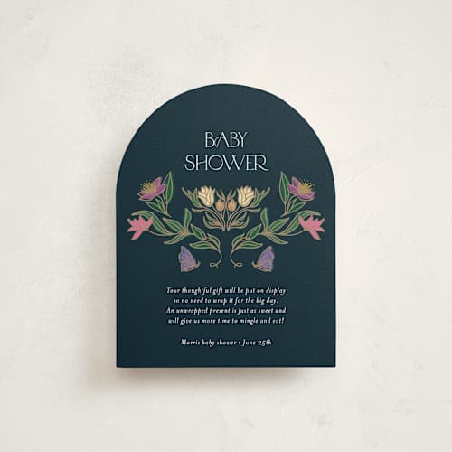This is a midnight garden baby shower insert cards with standard by Simona Camp called gilded tapestry printing on signature in standard