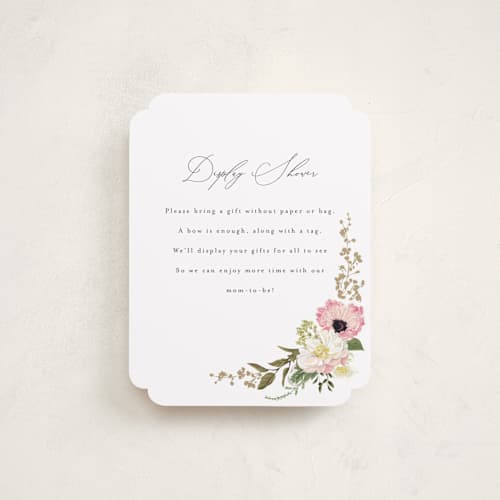 This is a peony baby shower insert cards with standard by Susan Moyal called timeless blooms printing on signature in standard