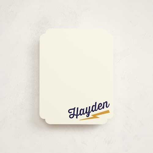 This is a navy kids thank you cards notes with standard by Rebecca Bowen called zeus printing on signature in standard