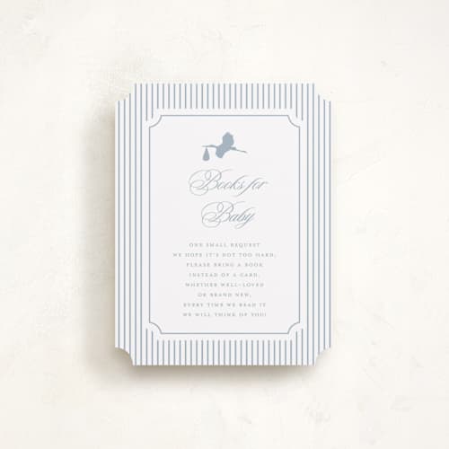 This is a dusty blue baby shower insert cards with standard by Stacey Meacham called storybook stork printing on signature in standard