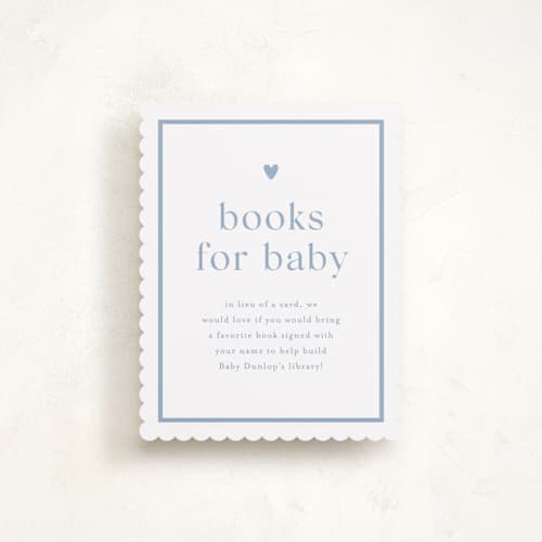 This is a provincial blue baby shower insert cards with standard by Stacey Meacham called heartbeat printing on signature in standard