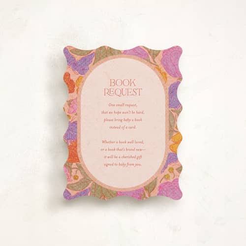 This is a peach baby shower insert cards with standard by Simona Camp called vintage garden printing on signature in standard